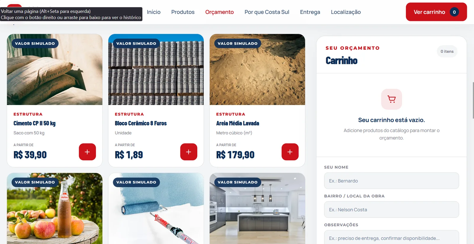 Catálogo e carrinho de orçamento do projeto Costa Sul Materiais para Construção