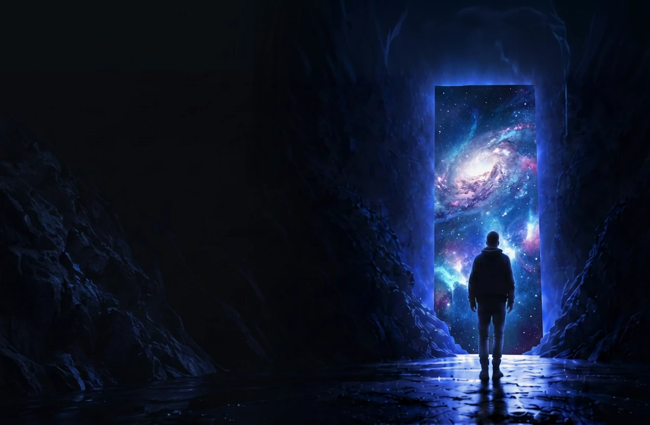 Pessoa diante de um portal luminoso azul com cenário galáctico, compondo o fundo cinematográfico da primeira interface da ONE